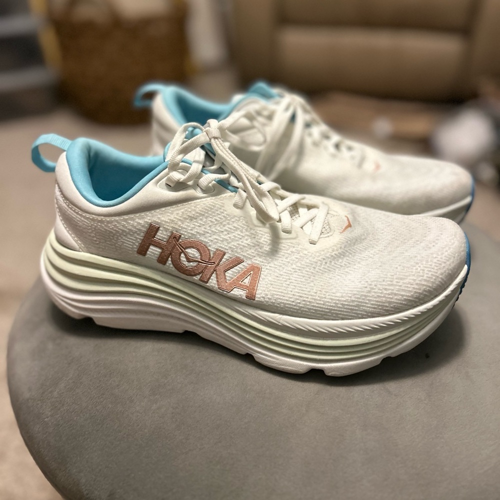 Hoka One One White and Blue Athletic Shoes
